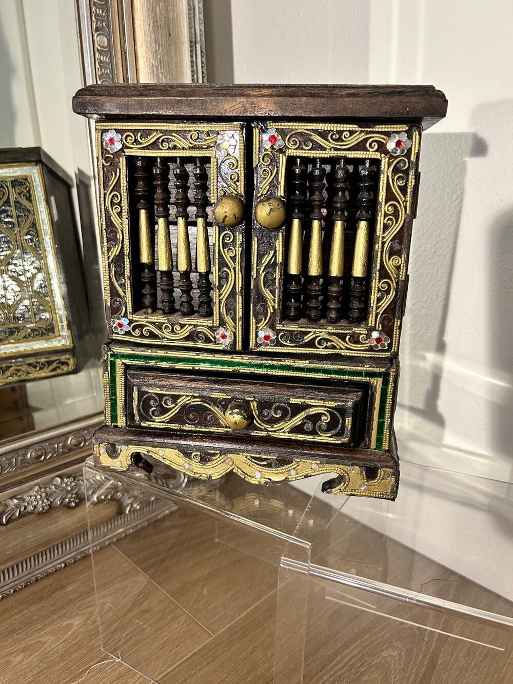 Vintage Thai Wooden Jewelry Box Mini Cabinet Armoire Boho Trinket Chest